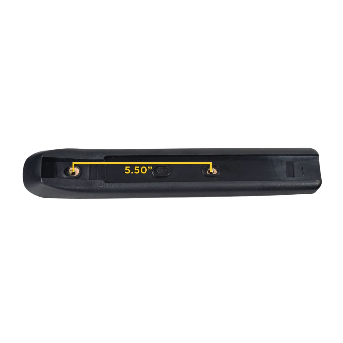 12 Armrest Pad with 5-1/2 Hole Spacing for Go-Go Scooters and Power Chairs - a black rectangular pad with yellow text and a yellow stripe, designed for various scooter models.
