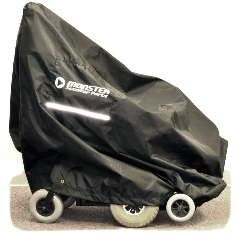 Power Chair Cover Universal Fit on a cart, featuring a durable nylon fabric with reflective safety strip and Monster Scooter Parts logo, designed to fit various power chair sizes.
