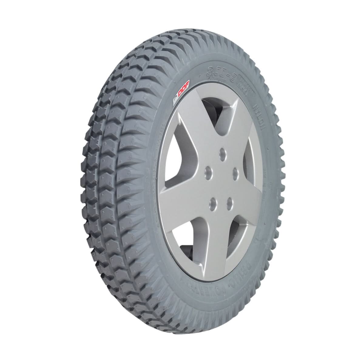 14x3 (3.00-8) Foam Filled Drive Wheel Assembly for Invacare 3G Storm Series, TDX SP, & TDX SI Power Chairs, featuring a gray Primo Powertrax tire on a 5-bolt silver rim.