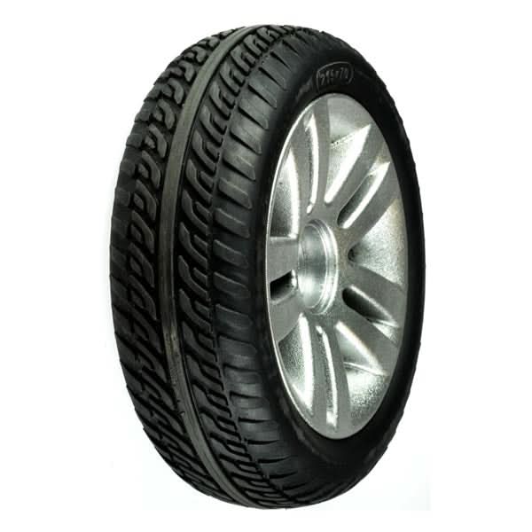 Close-up of the Black Rear Wheel Assembly for the ActiveCare/Drive Medical Spitfire EX Series Scooters, featuring a solid, non-marking, flat-free tire with distinct tread patterns for enhanced durability.