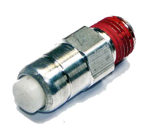 Close-up of a metal thermal release valve with 1/4 NPT for Homelite Pressure Washers, model 678169004, featuring a red rubber seal for pressure and water release.