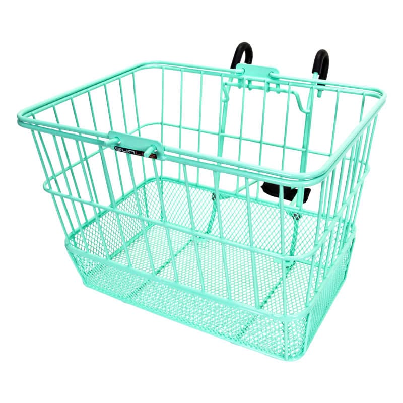 Lift-Off Wire Basket with Mesh Bottom (Blemished) for scooters and bikes. Features a sturdy wire frame with black handles, designed for easy attachment and detachment.