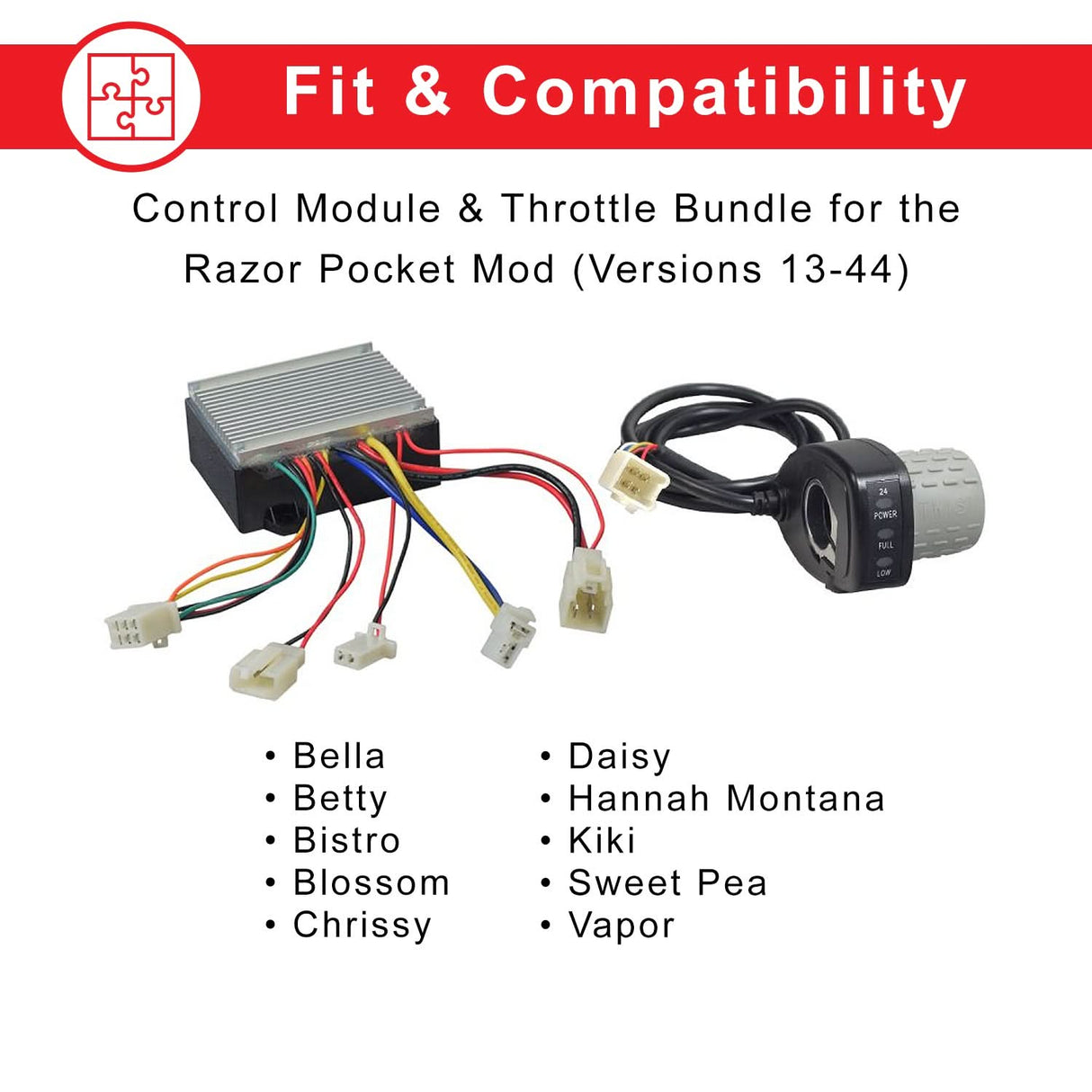 Close-up of the Razor Pocket Mod (Versions 13-44) HB2430-TYD6-FS 6-Wire Throttle & Control Module Bundle, showing connected wires and control module components.