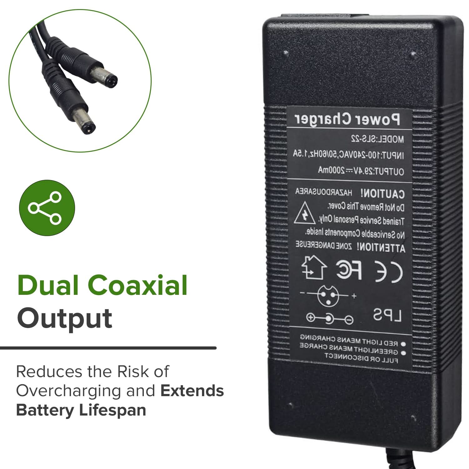 29.4V 2.0A Lithium Battery Charger with Dual Coaxial Output for Hovershoes