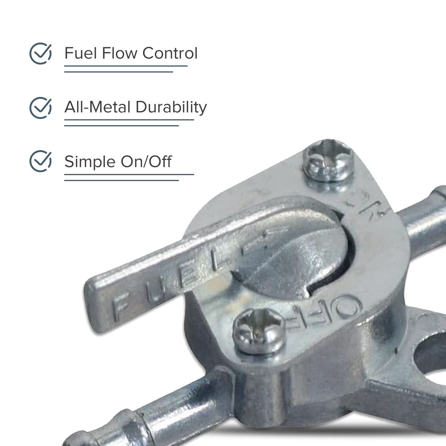 Close-up of a Fuel Shut-Off Petcock for Coleman AT125-EX, AT125-UT, AT200-B, and TaoTao Raptor 200 ATVs, showcasing the all-metal lever mechanism and ball valve for 3/16 fuel hoses.