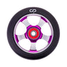 100 mm Crisp 5-Spoke Kick Scooter Wheel with a sturdy black design and distinctive purple rim. Made of high rebound 88A polyurethane, it includes pre-installed bearings and spacer.