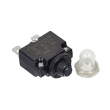 10 Amp (10A) 32VDC 125/250VAC Push-Button Reset Circuit Breaker with 1/4 Tab Terminals, featuring a small black device with a clear plastic protective cap and a black knob.