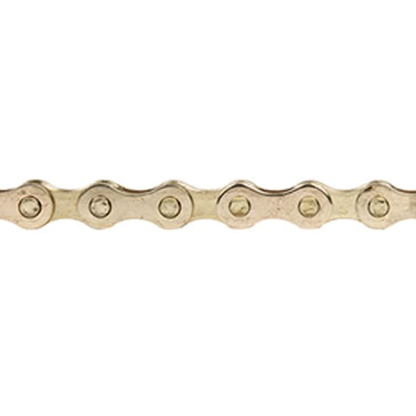 112 Link 1/2 x 1/8 Bike Chain with Master Link, close-up of the metal chain showing detailed links and holes, ideal for BMX, Fixie, and track racing bikes.