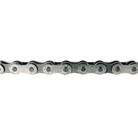 114 Link 1/8 Stainless Steel Bike Chain with Master Link, showing a close-up of the durable metal links designed for single-speed bicycles and e-bikes, ideal for harsh weather conditions.