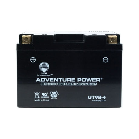 12 Volt YT9B Sealed AGM Scooter, ATV, and Dirt Bike Battery, featuring a black design with white text, ideal for Yamaha motorcycles, Vespa scooters, dirt bikes, and ATVs.