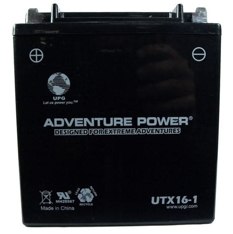 12 Volt UTX16-1 (YTX16-1 Replacement) Sealed AGM Scooter & Motorcycle Battery, black with white text, designed for maintenance-free, heat and vibration resistance, offering superior performance and longer shelf life.