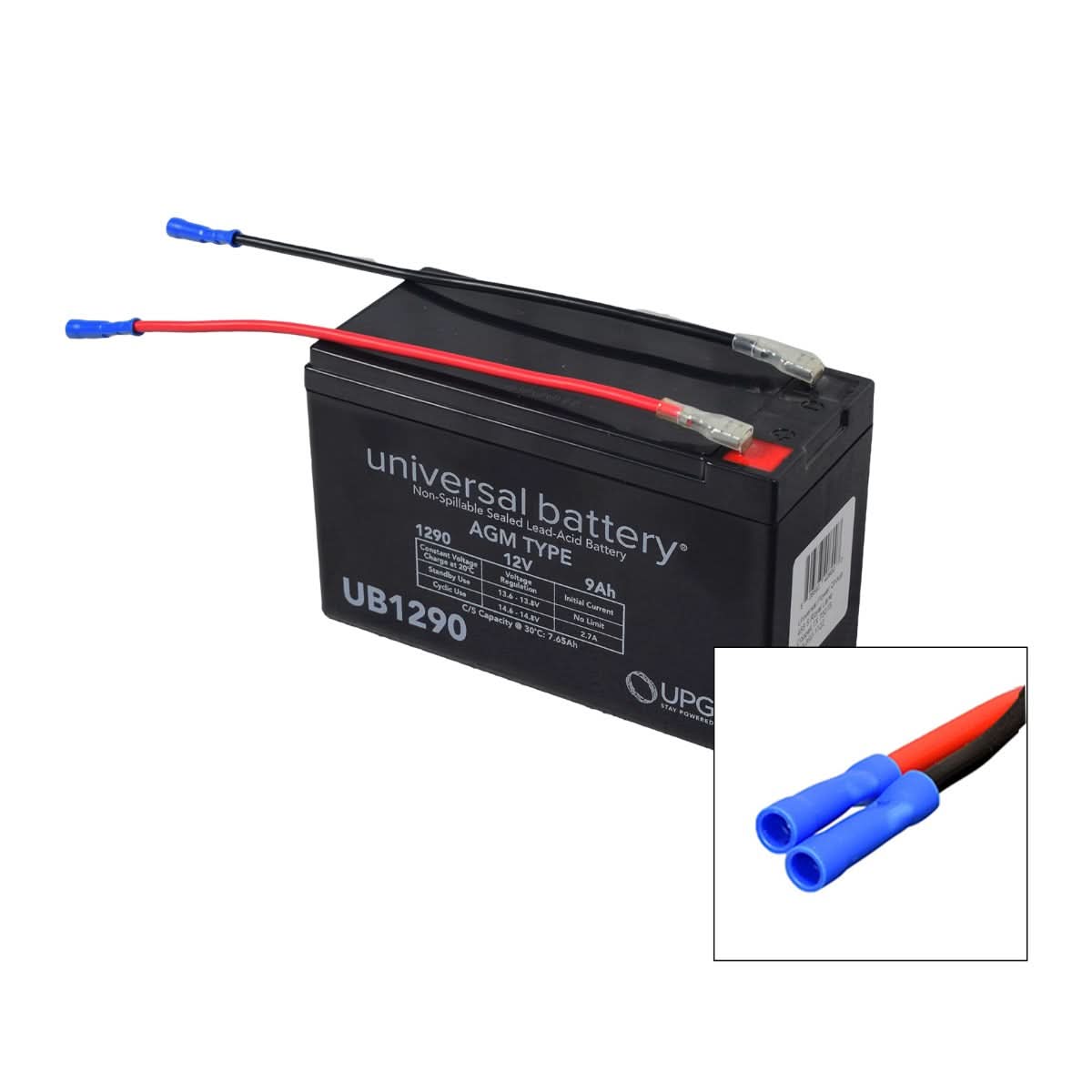 12 Volt Battery for the Pulse GRT-11 Scooter, a black battery with attached red and blue wires, shown close-up to highlight the wire harness and barcode.