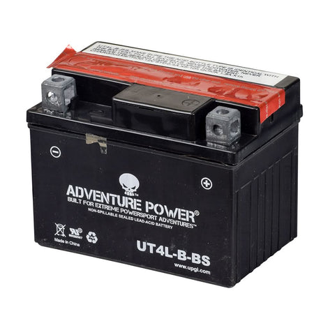 12 Volt YT4L-BS Replacement Dry Charged AGM Battery for the TaoTao Venus 50 Scooter, featuring black casing, red and white text, and clearly marked positive and negative terminals.