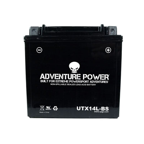12 Volt UTX14L-BS (YTX14L-BS Replacement) Dry Charged AGM Scooter, ATV, and Dirt Bike Battery, showing a black battery with white text and a white skull with black eyes on its label.