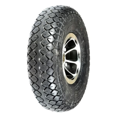 4.00-5 (13x4, 330x100) Rear Wheel Assembly for the Drive Odyssey Mobility Scooter, featuring a black tire with a silver rim, designed for solid, flat-free dependability indoors or outdoors.