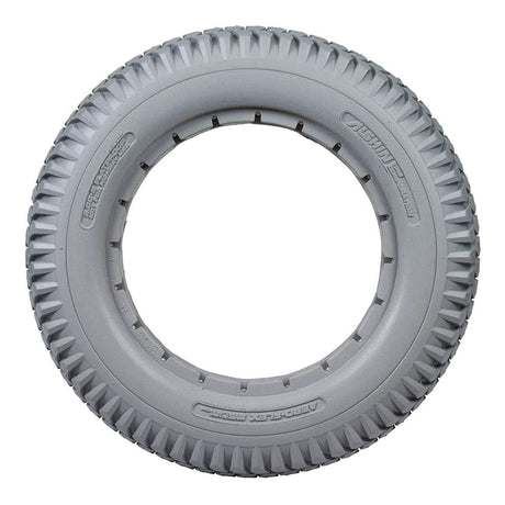 14x3 (3.00-8) Light Gray Solid Urethane Mobility Tire with Aero-flex™ Knobby Tread for Invacare Power Chairs; close-up view highlighting the tire's knobby tread pattern and solid structure.