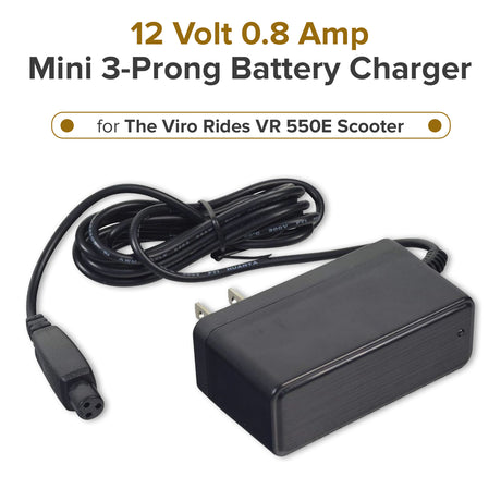 12 Volt 0.8 Amp Mini 3-Prong Battery Charger for the Viro Rides VR 550E Scooter