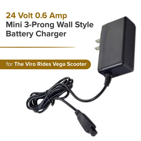 24 Volt 0.6 Amp Mini 3-Prong Wall Style Battery Charger for the Viro Rides Vega Scooter