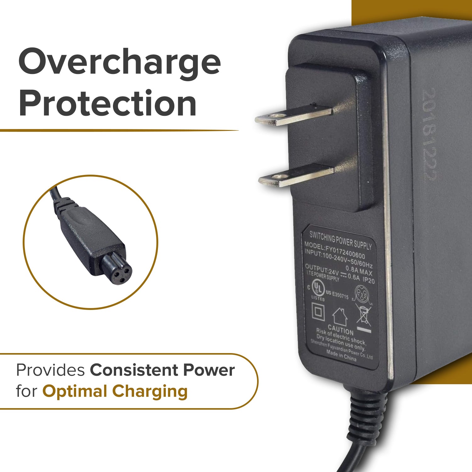 24 Volt 0.6 Amp Mini 3-Prong Wall Style Battery Charger