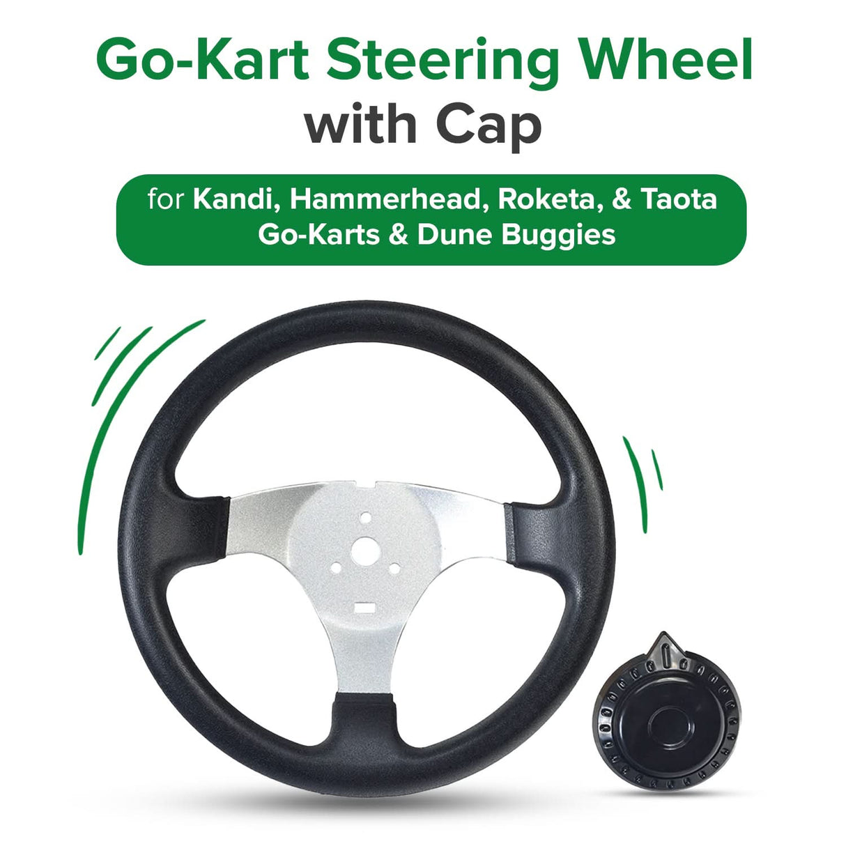 Go-Kart Steering Wheel with Cap for Kandi, Hammerhead, Roketa, & Taotao Go-Karts & Dune Buggies