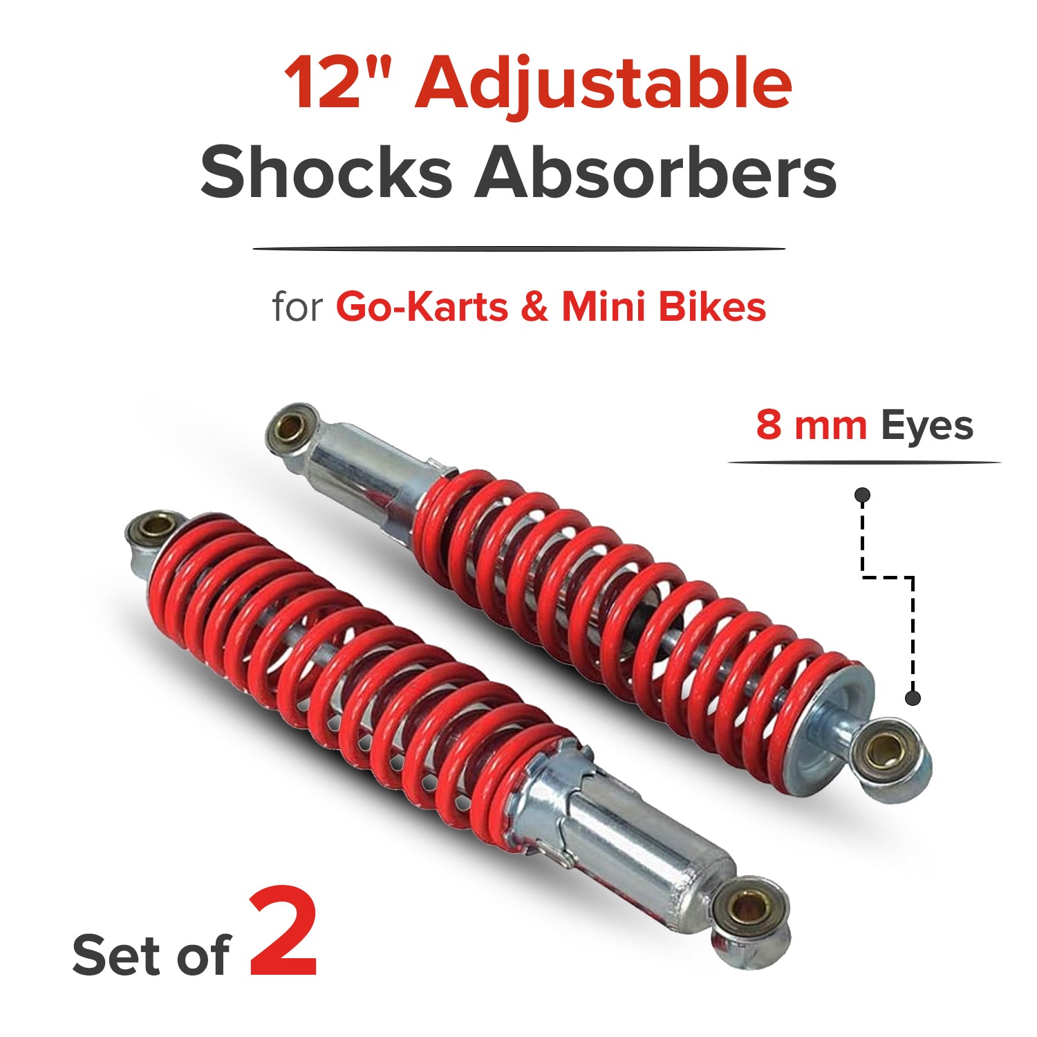 Adjustable Shocks for Go-Karts & Mini Bikes (RED SPRING, 12" Eye to Eye, 12 mm ID, Set of 2) (Blemished)