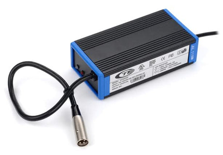 24 Volt 3.0 Amp On-Board Battery Charger with XLR Connector for Invacare Pronto M50, M51, and M71 Power Chairs featuring a black and blue electronic device with an attached cable.
