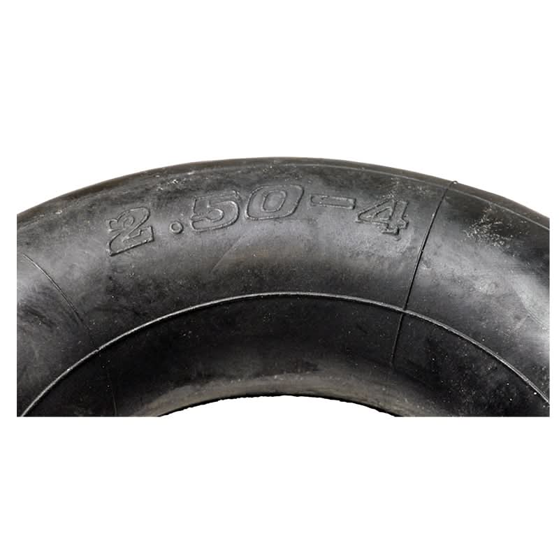 Close-up of the 2.80/2.50-4 Scooter Inner Tube, showcasing intricate tread details and a bent valve stem, designed for use with mobility scooters, recreational electric scooters, and utility carts.