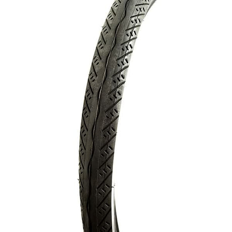 Close-up of a 26 x 2 bicycle tire with IA-2018 Swiftor tread, designed for eZip, IZIP, & Schwinn bicycles, showcasing detailed tread pattern and durable rubber.