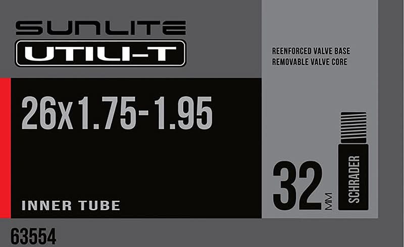 26x1.75-1.95 Heavy Duty Thorn Resistant Bicycle Inner Tube with Straight Valve by Sunlite, featuring prominent white text on a black and grey label, highlighting its enhanced durability and straight valve design.