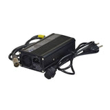 24 Volt 5.0 Amp XLR PF2405 Battery Charger for Shoprider Streamer Power Chairs, showing a black electronic device with attached power cords and connectors, designed for charging mobility scooter batteries.