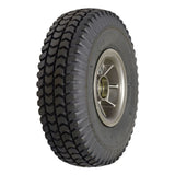 3.00-4 (10x3, 260x85) Gray Foam Filled Front Wheel Assembly for the ActiveCare Pilot 2310 Mobility Scooter, featuring a close-up of a low-profile tire with a silver rim and detailed tread.