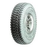 Close-up view of the 3.00-4 (10x3, 260x85) Gray Foam Filled Front Wheel Assembly for the ActiveCare Pilot 2410 Mobility Scooter, showcasing the detailed tread and split rim design.