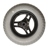 14x3 (3.00-8) Flat-Free Drive Wheel Assembly for Jazzy 1133 featuring a solid flat-free tire, Powertrax non-marking rubber, and a stylish 8 black tri-spoke rim with hub, screws, and nuts included.