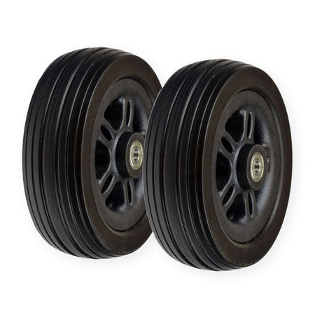 33000145 - WHL2007128 - Set of 2 black 6" x 2" caster wheels, side view showing ribbed solid tread and installed bearings, for the Merits Vision Sport (P326A) and Jazzy EVO 614 power chairs.