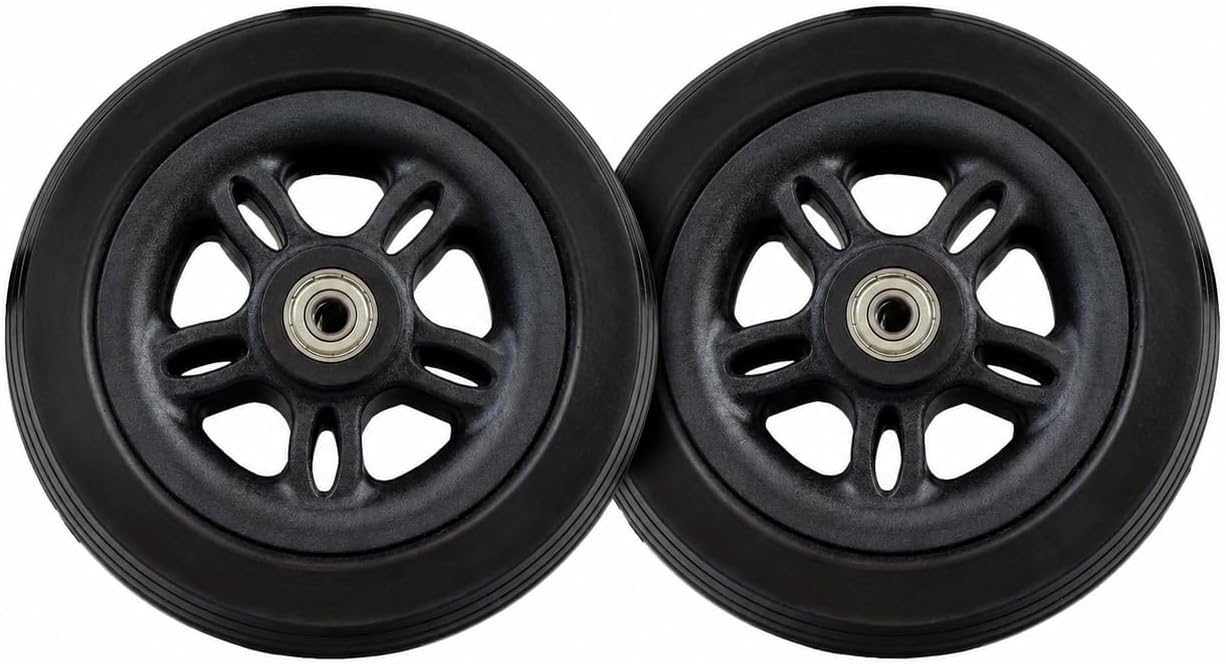 Set of 2 black 6" x 2" caster wheels with split-spoke rims, solid ribbed tires, and installed bearings for the Merits Vision Sport (P326A) and Jazzy EVO 614 power chairs (Merits 33000145 / Pride WHL2007128).