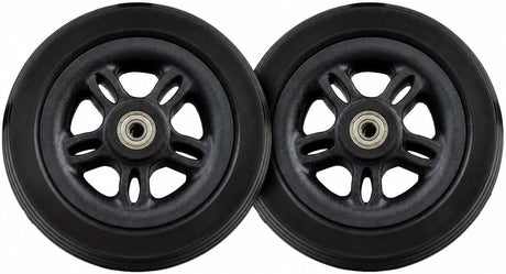 Set of 2 black 6" x 2" caster wheels with split-spoke rims, solid ribbed tires, and installed bearings for the Merits Vision Sport (P326A) and Jazzy EVO 614 power chairs (Merits 33000145 / Pride WHL2007128).
