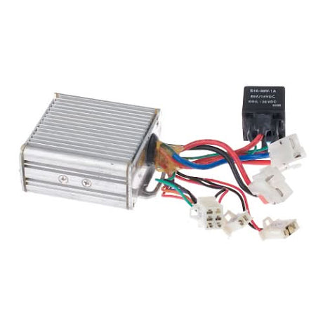 Close-up of the 36 Volt Speed & Voltage Controller with Fuse Box for Minimoto Maxii (15319-MIS-003), showing the device’s metal casing, colored wires, and 3-pin throttle connector.