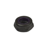 3/8-16 Black Lock Nut (1028486) with a purple ring, used in Invacare footrest assemblies for Pronto, TDX series power chairs, and Tracer series manual wheelchairs.