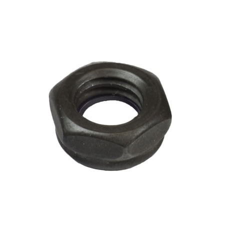 3/8-16 Black Lock Nut (1028486), a black metal nut with a central hole, used in Invacare footrest assemblies for Pronto and TDX power chairs, and Tracer manual wheelchairs.