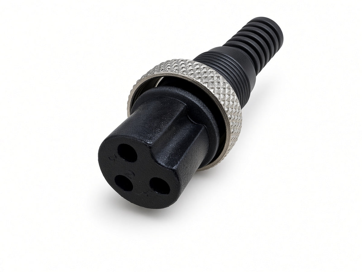 3-prong female charging plug with threaded metal locking collar on the 48 volt AGM charger, Q50-5861
