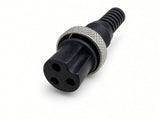 3-prong female charging plug with threaded metal locking collar on the 48 volt lithium-ion charger, Q50-5861