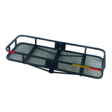 48 x 20 Steel Cargo Carrier with black metal construction and optional 3 or 5-1/2 high rails, designed for Class III hitch receivers, capable of hauling up to 500 lbs.