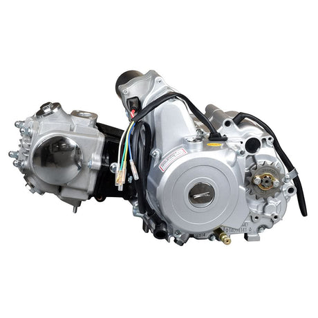 50cc 4-Stroke Auto-Clutch Electric Start Honda-Clone ATV Engine with visible wires, round component, and label. Includes chain cover, intake manifold extension, gaskets, and carburetor mounting hardware.