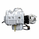 50cc 4-Stroke Auto-Clutch Electric Start Honda-Clone ATV Engine, silver with visible black wires and a black pipe on a white surface, includes carburetor joint and intake manifold extension.