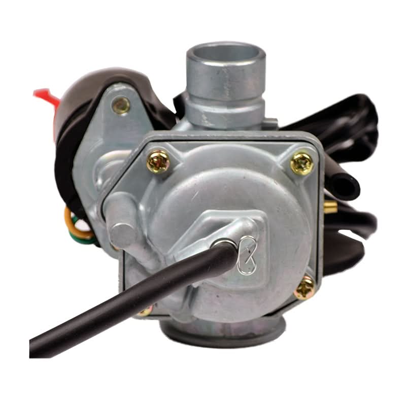 Close-up of a 19 mm PZ19J Carburetor for 2-Stroke 50cc 1E40QMB Engines, showing intricate parts and electric choke, designed for scooters, ATVs, and dirt bikes.