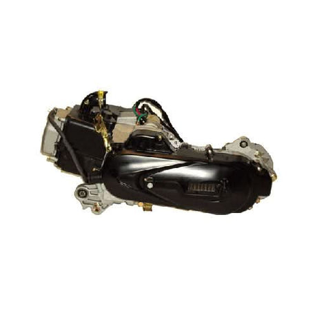 Close-up of a 50cc Long Case 4-Stroke GY6 139QMB Scooter Engine with Automatic CVT, showcasing its components including the electric starter, kick start, and CVT cover.
