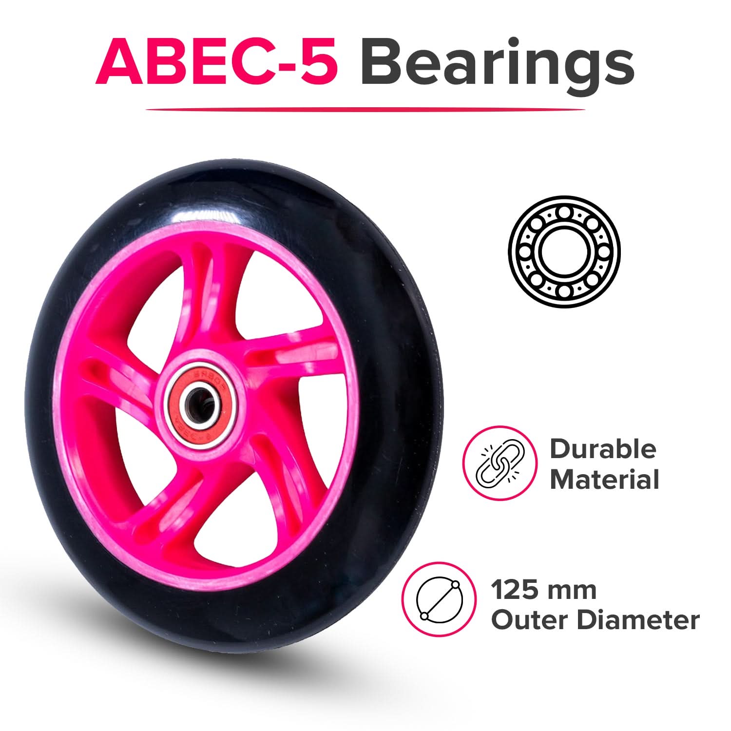 125 mm Kick Scooter Wheel with Black Wheel, Pink Hub, & Bearings (Set of Two)