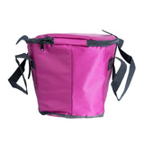 Insulated Front Basket Bag for Mobility Scooters: A pink bag with black handles and an insulated lining, designed to fit common mobility baskets, providing secure and hidden storage for personal items.