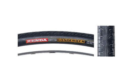 Close-up of the 700x23 Black Road Kontender Bicycle Tire by Sunlite, showcasing detailed tread patterns and high-quality rubber finish.
