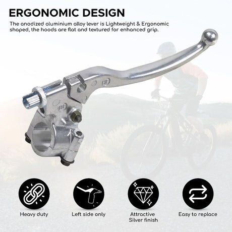 Left Brake Lever for the Coleman BT200X, CT200U Trail & CT200U-EX Mini Bikes shown in a close-up view, highlighting the robust, silver finish and detailed design.